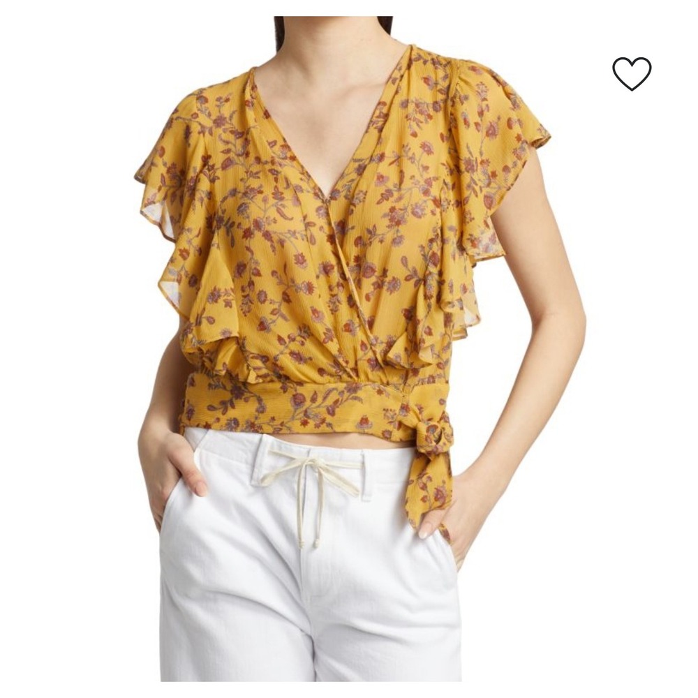 PAIGE Trista Silk Ruffle Tie Waist V Neck Flutter Sleeve Blouse XS Tumeric $229